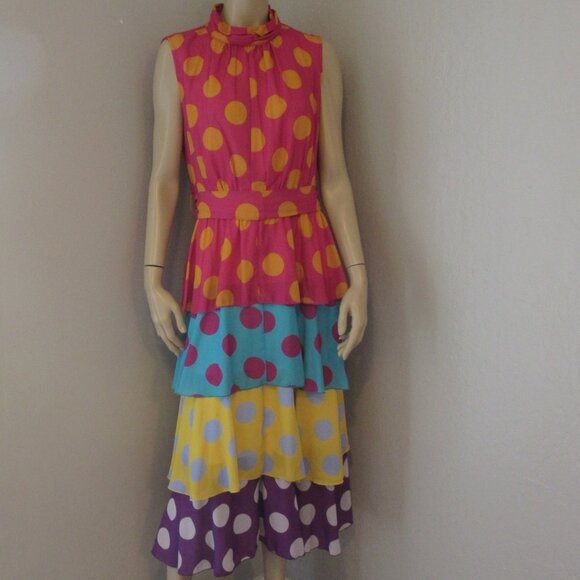 eShakti Multicolor Polka Dots Layered 1X Sleeveless Mock Collar Chiffon Dress - Picture 1 of 6